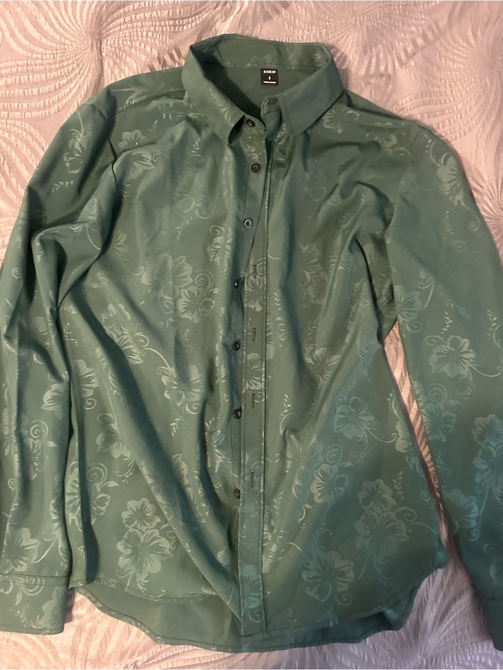 SHEIN Green Floral Jacquard Men's Button-Up Shirt